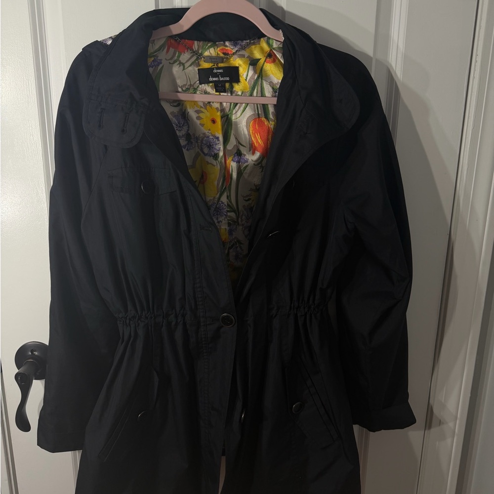 Dennis Basso Black Trench Coat with Floral Lining